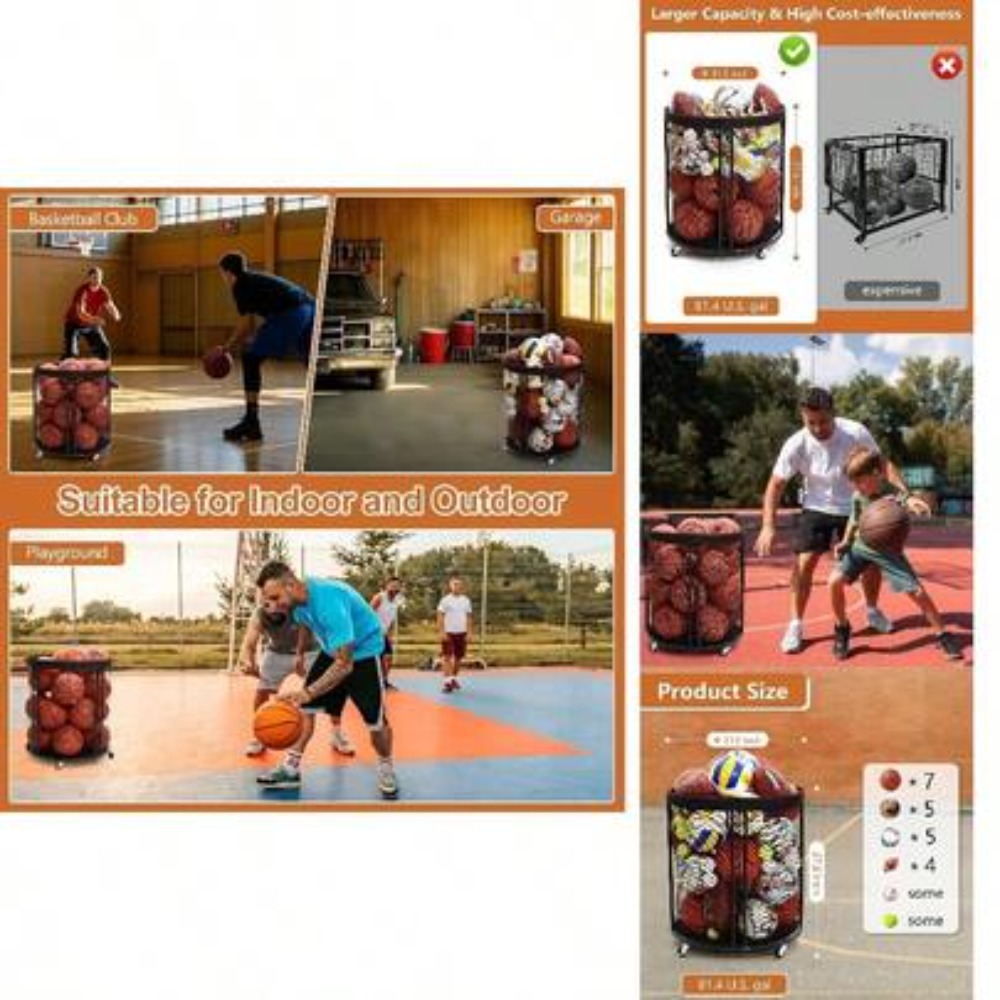 Sports Equipment Organizer Rack - Ağır Hizmet Tipi Top Saklama Arabası